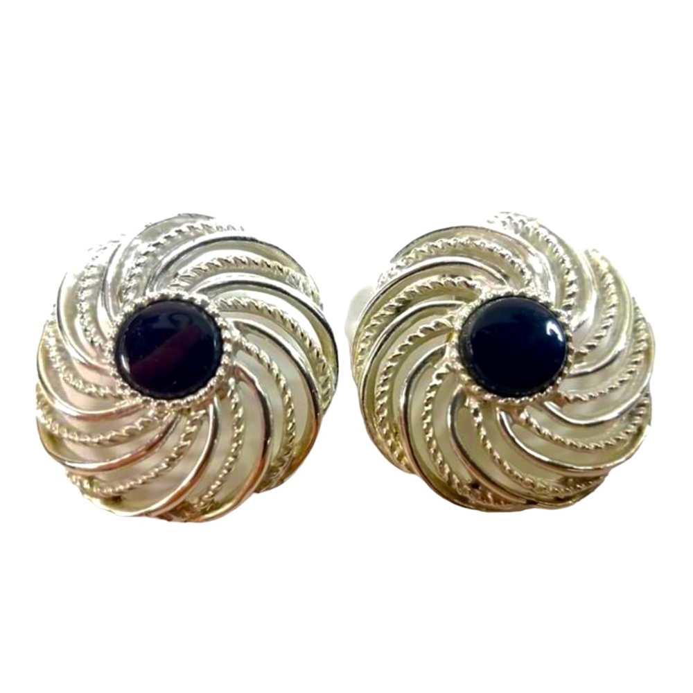 Sarah Coventry Vintage Swirling Open Design Silver Tone Black Clip On Earrings